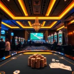 Experience the excitement of online betting at w88.nyc with a luxurious casino scene featuring gaming tables and players.