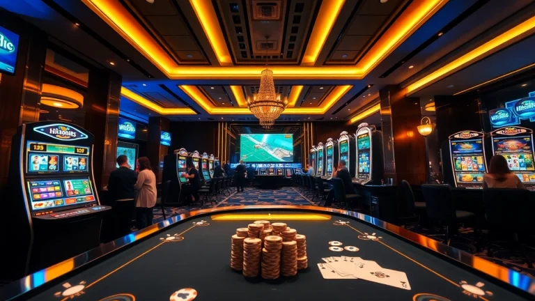 Experience the excitement of online betting at w88.nyc with a luxurious casino scene featuring gaming tables and players.