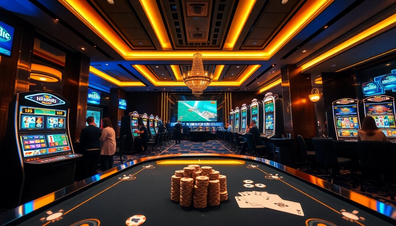 Experience the excitement of online betting at w88.nyc with a luxurious casino scene featuring gaming tables and players.