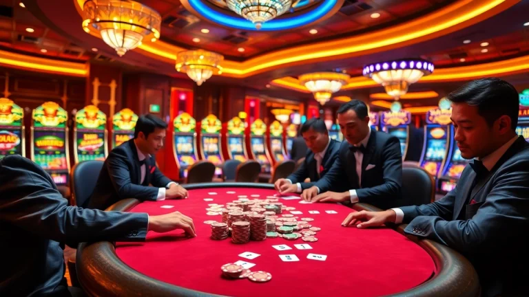 Experience the allure of U888 com at a high-stakes poker table, surrounded by vibrant slot machines.