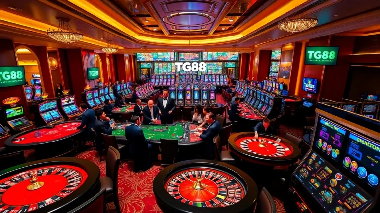 Experience thrilling gameplay at TG88 link with luxurious casino tables and vibrant slot machine action.