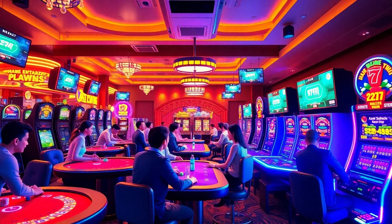 Experience the excitement of online gaming at ev88win.live with vibrant casino scenes full of players.