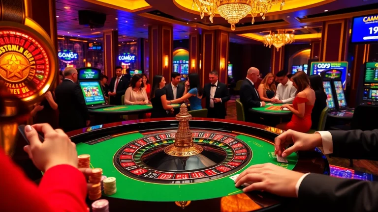 Exciting casino scene showcasing gambling at dom88.us.com with vibrant roulette and slot machines.