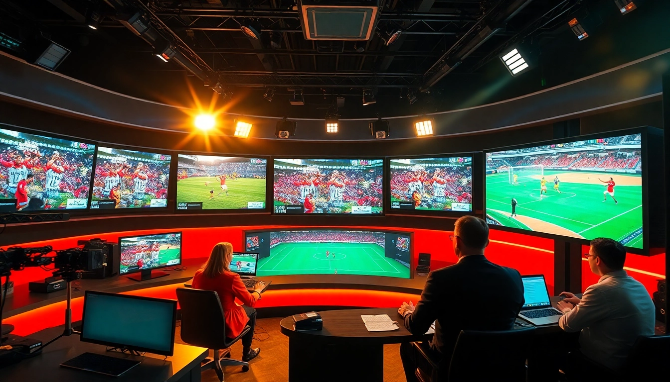 Engaging scene of Sports Broadcasting with commentators energized by live events.