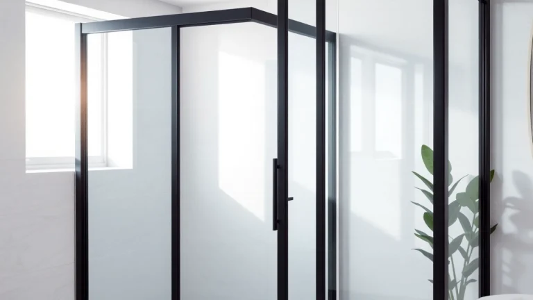 Explore elegant black frame shower doors reflecting natural light in a modern bathroom.