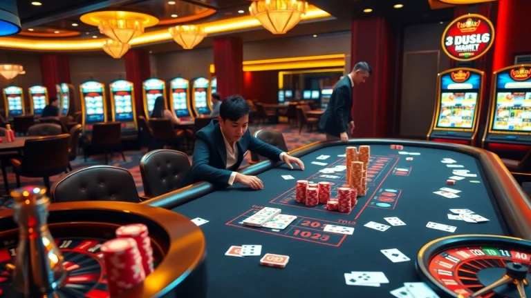 Engage in thrilling casino action at DU 88 with illuminated tables and vibrant slot machines.
