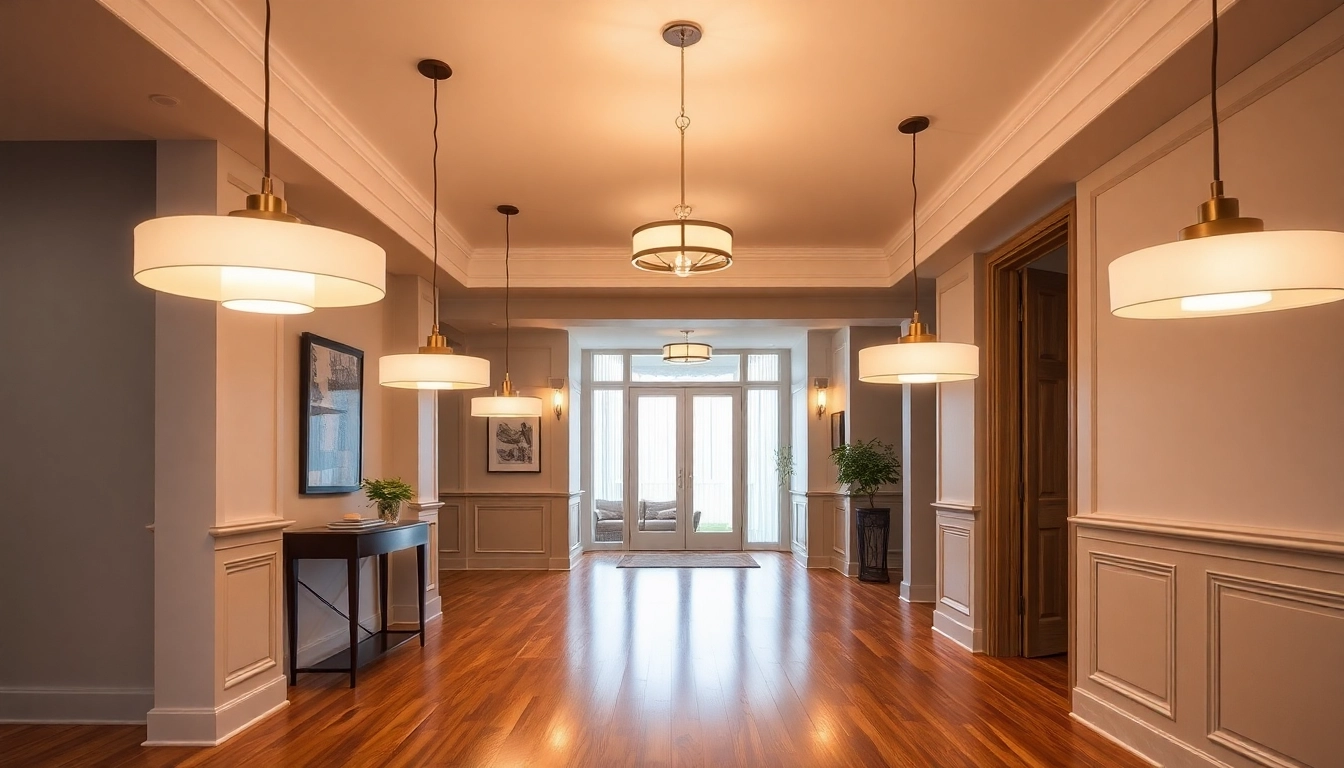 Stylish hallway lighting fixtures enhancing a modern hallway's ambiance and decor.