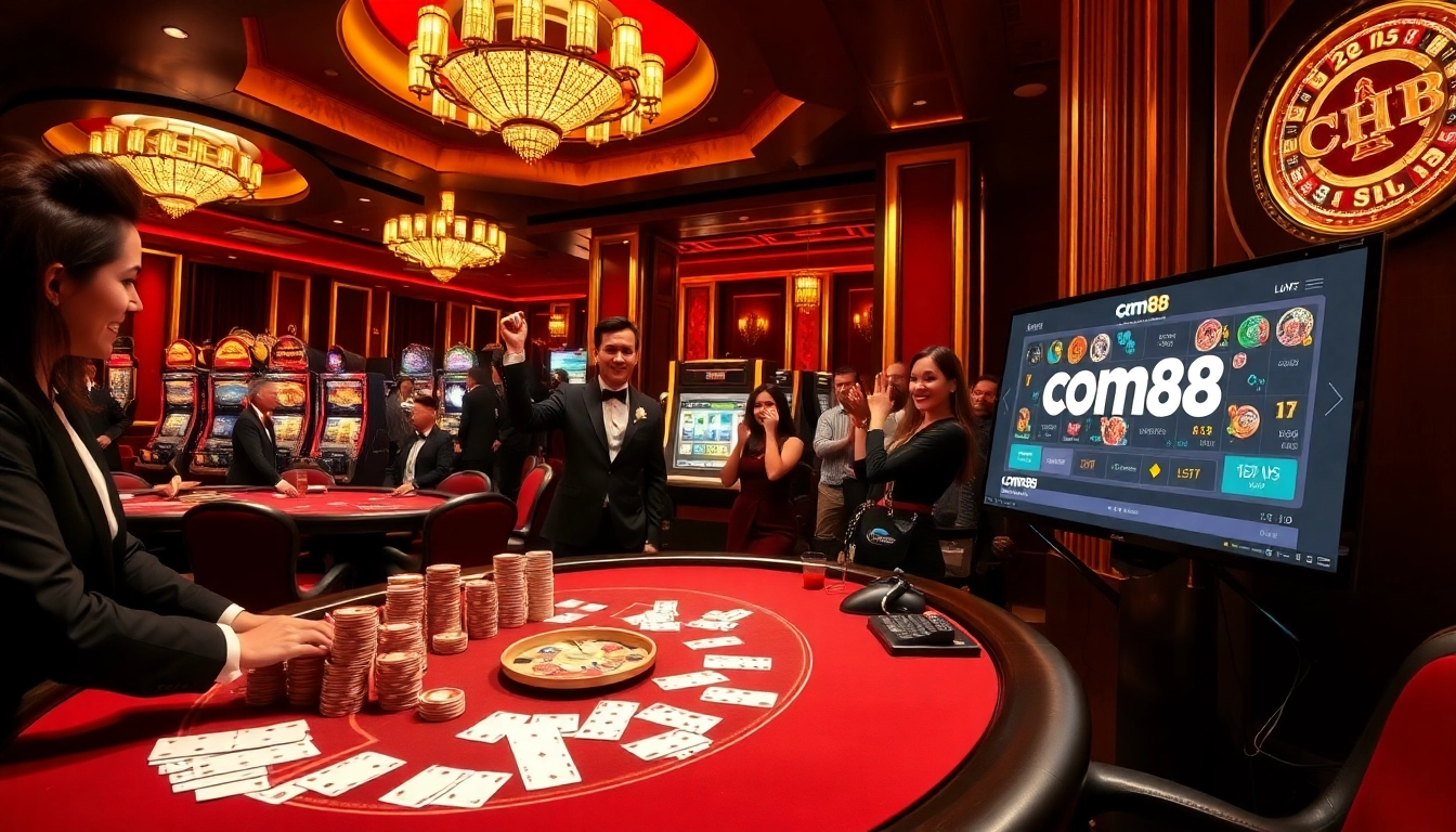 Gamblers experiencing the thrill of cm88 at a luxurious casino poker table with vibrant gaming elements.