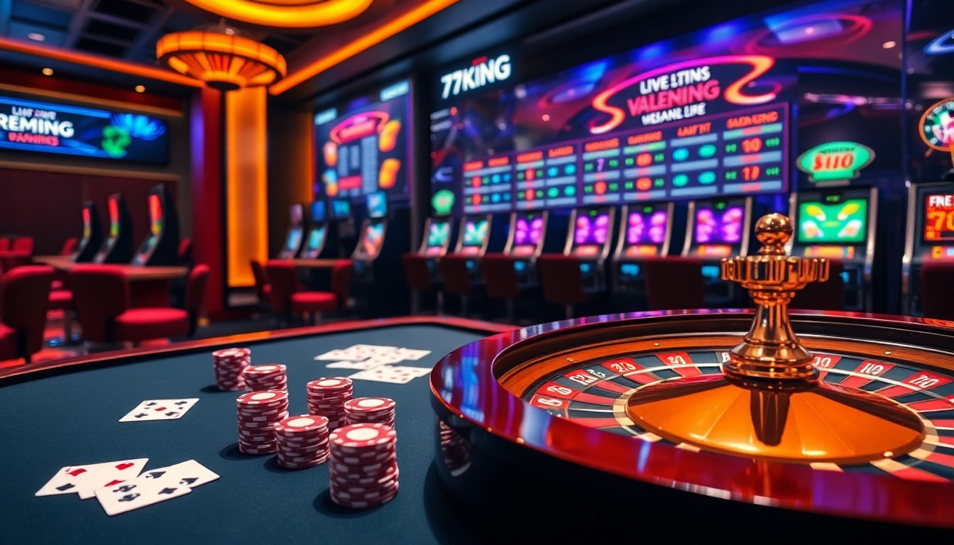 Experience thrilling online gaming with 79KING at a vibrant casino scene featuring roulette, poker, and slot machines.