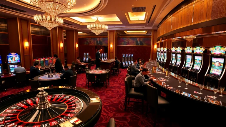 SHBET players celebrate wins at a vibrant casino table surrounded by roulette wheels and slot machines.