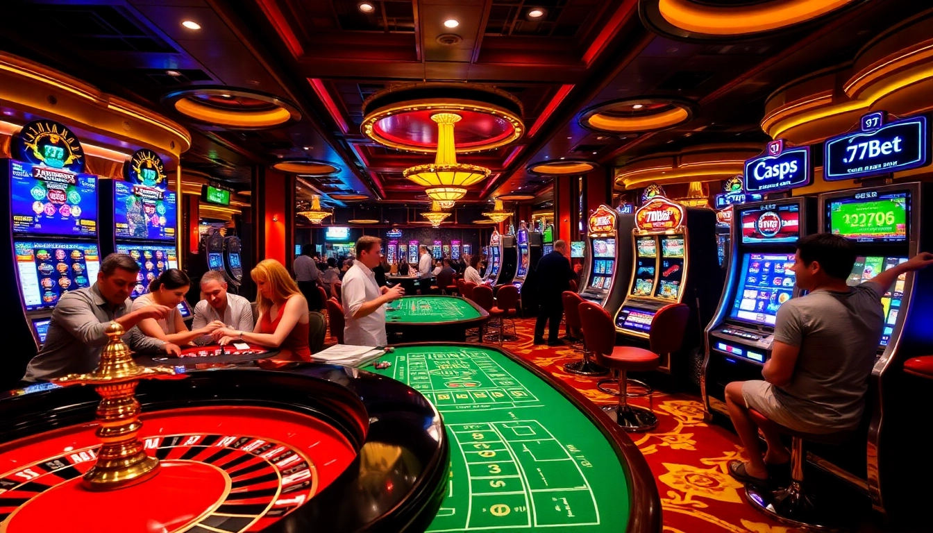 Players celebrating wins at a vibrant casino, embracing the excitement of 77Bet gambling games.