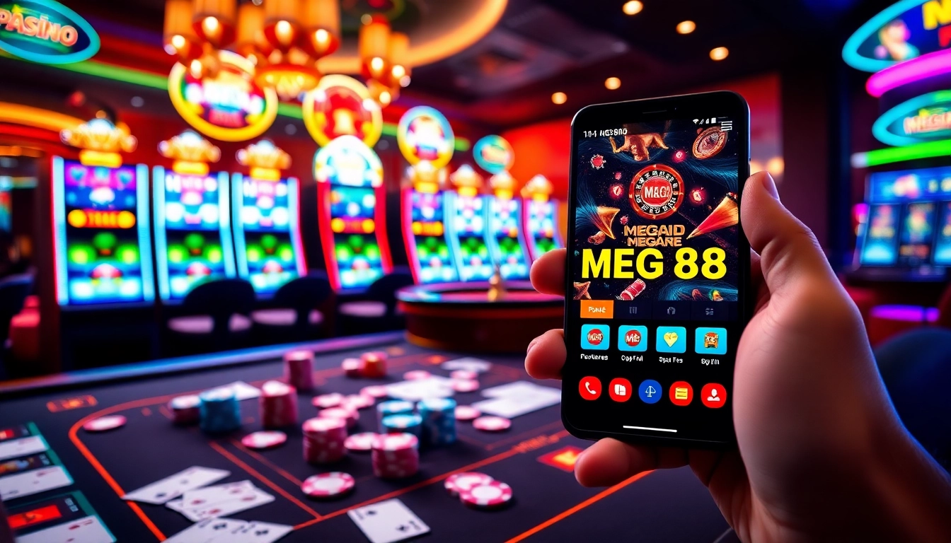 Experience the excitement of MEGA888 casino games with mobile app showcased in a vibrant casino setting.
