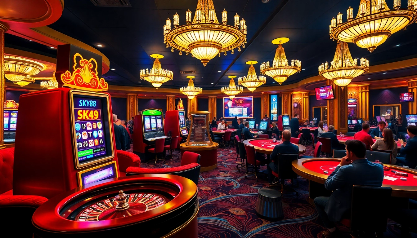 SKY88 slot machine in a luxurious casino setting with vibrant gaming action.