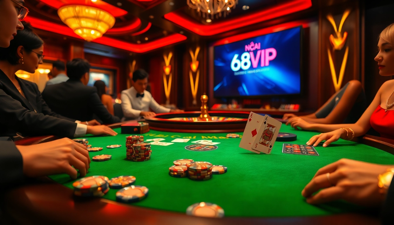 Players enjoy an exhilarating poker game at Nhà Cái 68VIP casino, surrounded by vibrant chips and cards.