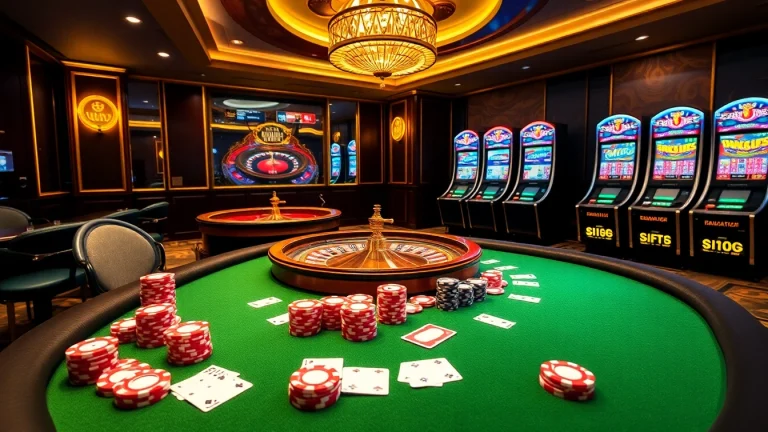 An exciting scene of casino gaming at https://98winii.com/ showcasing a poker table with chips and cards.