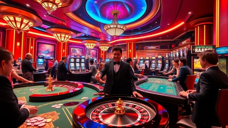 Experience thrilling gameplay at mm88 com in a luxurious casino scene with vibrant slots and poker.