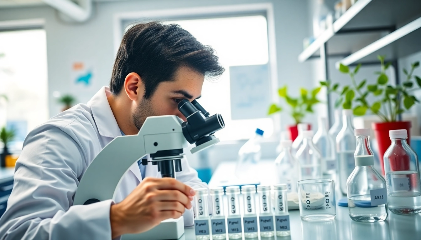 Examining Peptides UK samples in a modern laboratory by a chemist using a microscope.
