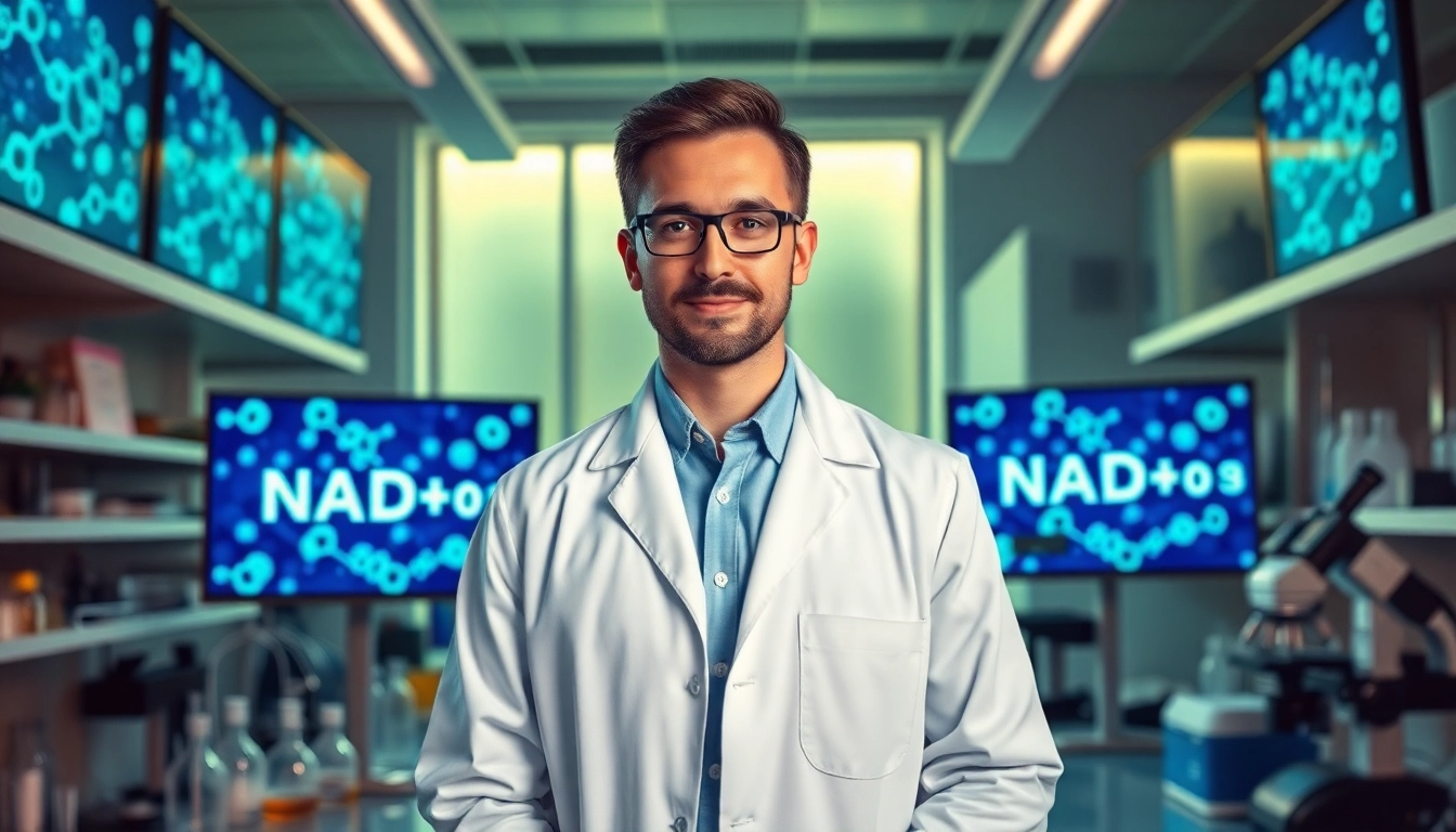 NAD+ molecular structures showcased prominently in a professional lab setting.
