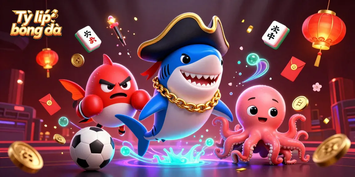 Tỷ lệ bóng đá visualized with a dynamic scene featuring a cartoon pirate shark, pufferfish, and octopus celebrating with sports elements.