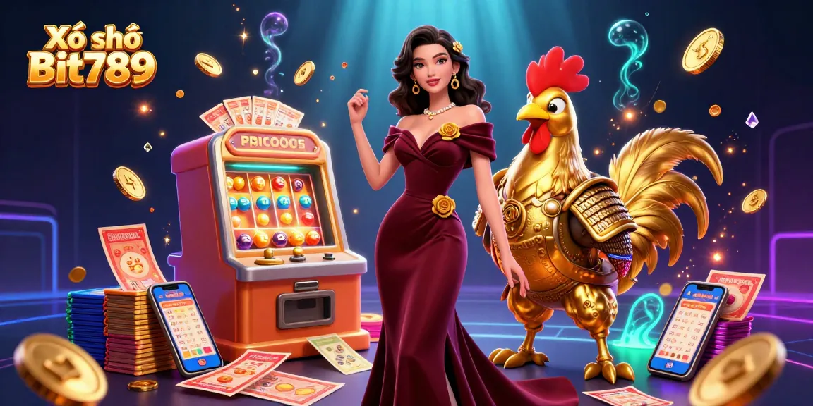 Xổ số Bit789 showcases thrilling lottery action with glowing numbers and vivid characters in a vibrant scene.