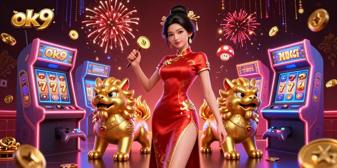 Experience thrilling online gaming with ok9 amidst vibrant slot machines and dazzling fireworks.