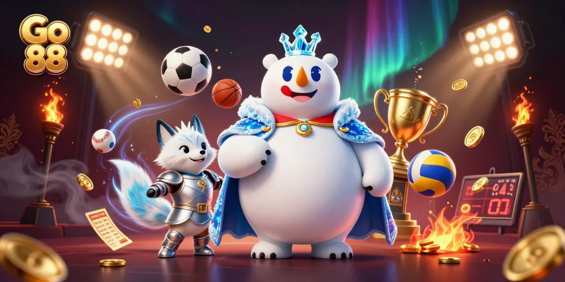Go 88 features a 3D cartoon ice king polar bear and snow fox in silver armor surrounded by vibrant sports betting elements.
