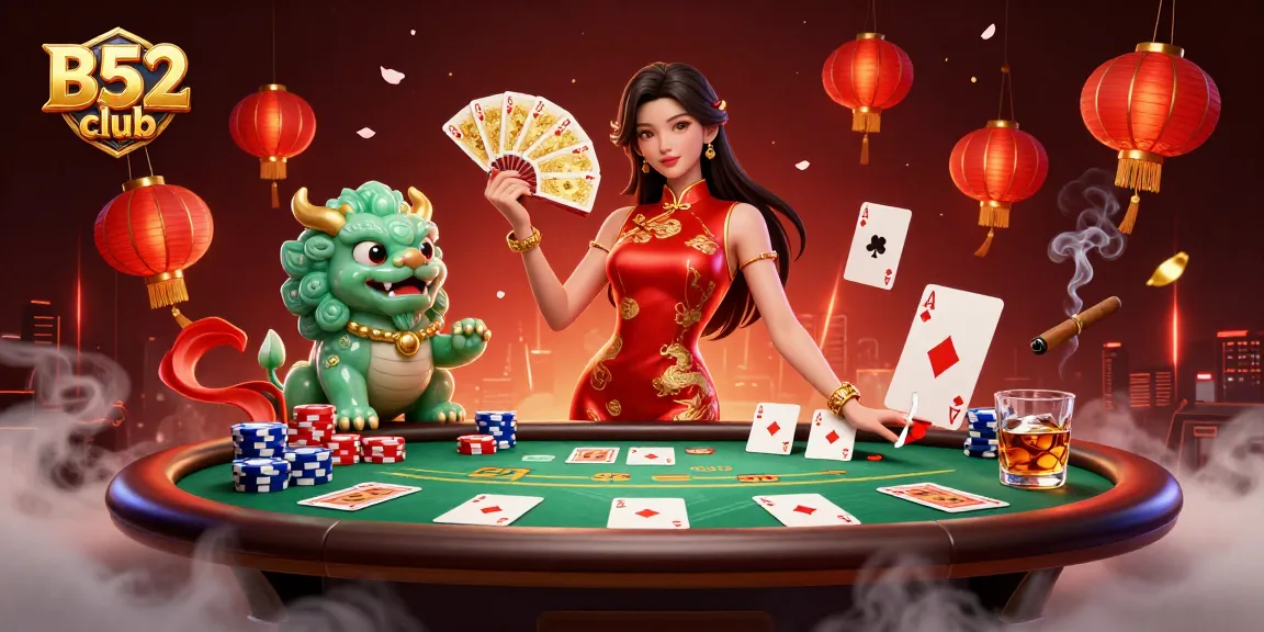 Experience thrilling gameplay at B52 club with elegant elements, poker tables, and vibrant atmosphere.
