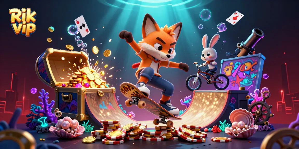 Engage in thrilling adventures at Rik vip with cartoon characters amidst vibrant casino elements and explosive treasures.