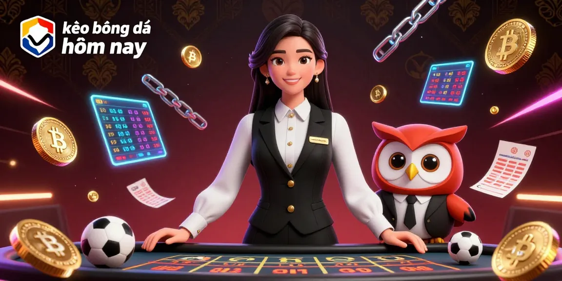 Bet on kèo bóng đá hôm nay with an elegant dealer and an owl assistant in a vibrant sports betting atmosphere.