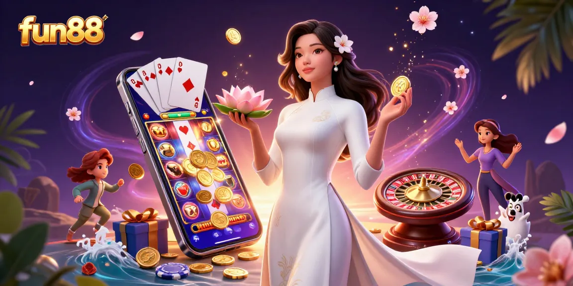 Win big with fun88 at this vibrant 3D illustration featuring a graceful Asian woman in a casino setting.