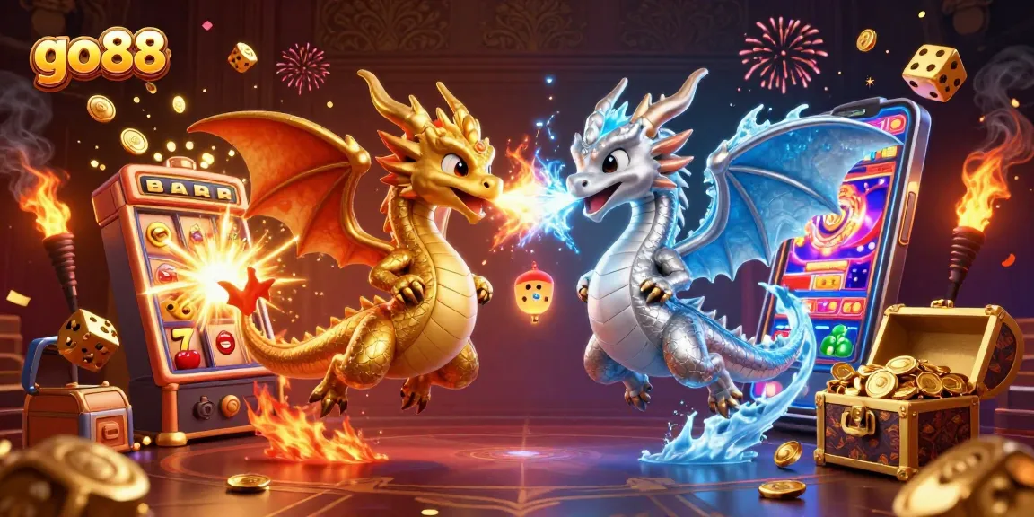 Go88 celebrates with a dynamic display of dragons and slot machine excitement in a thrilling casino scene.