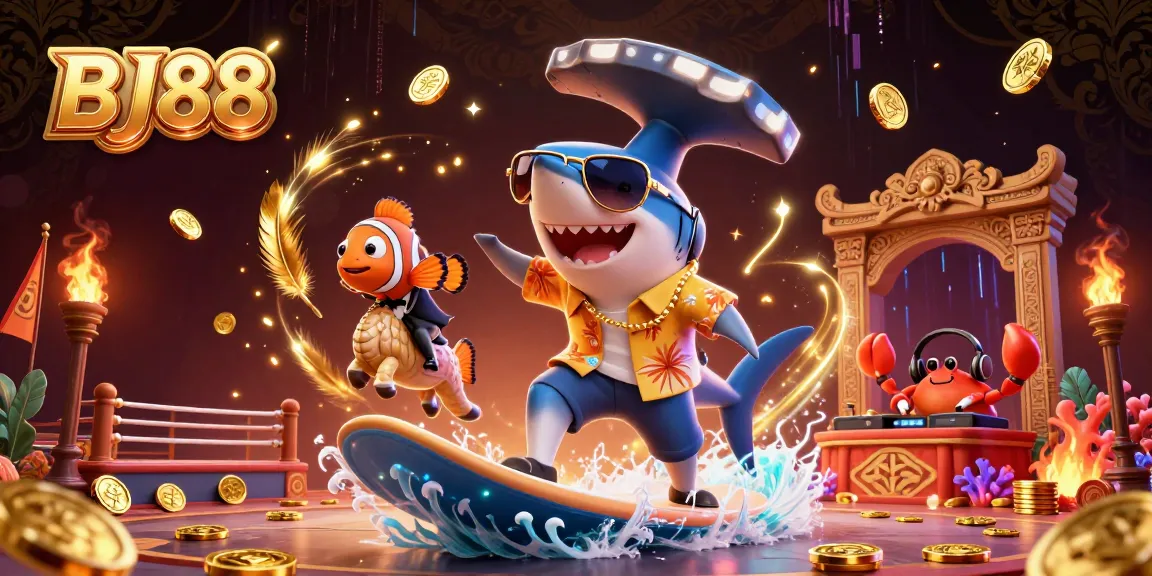 Experience the excitement of BJ88 with colorful characters surfing on gold coins and gaming elements all around.