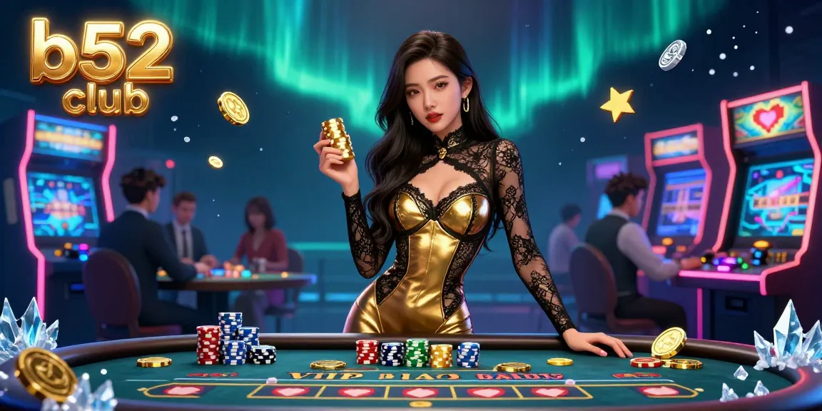Bets place at b52 club with a glamorous Asian woman at a VIP baccarat table surrounded by vibrant gaming elements.