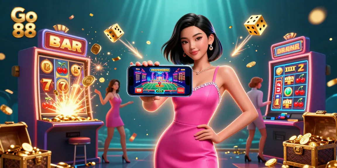 Experience the excitement of Go 88 with a lively Asian woman showcasing a live dealer game on her smartphone amidst thrilling casino elements.