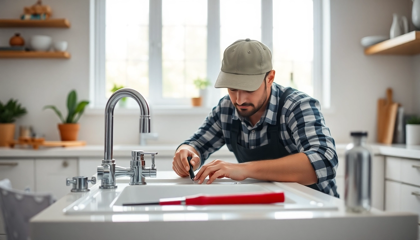 Plumber near me fixing a kitchen sink with expert tools in a bright, inviting setting.