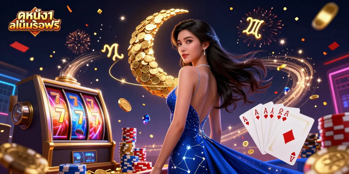 Experience ดูหนังออนไลน์ฟรี with stunning casino visuals, featuring vibrant slot machines and golden accents.