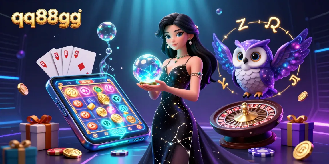 Experience thrilling gameplay with qq88gg as a woman unveils a glowing crystal ball while surrounded by exciting casino elements.