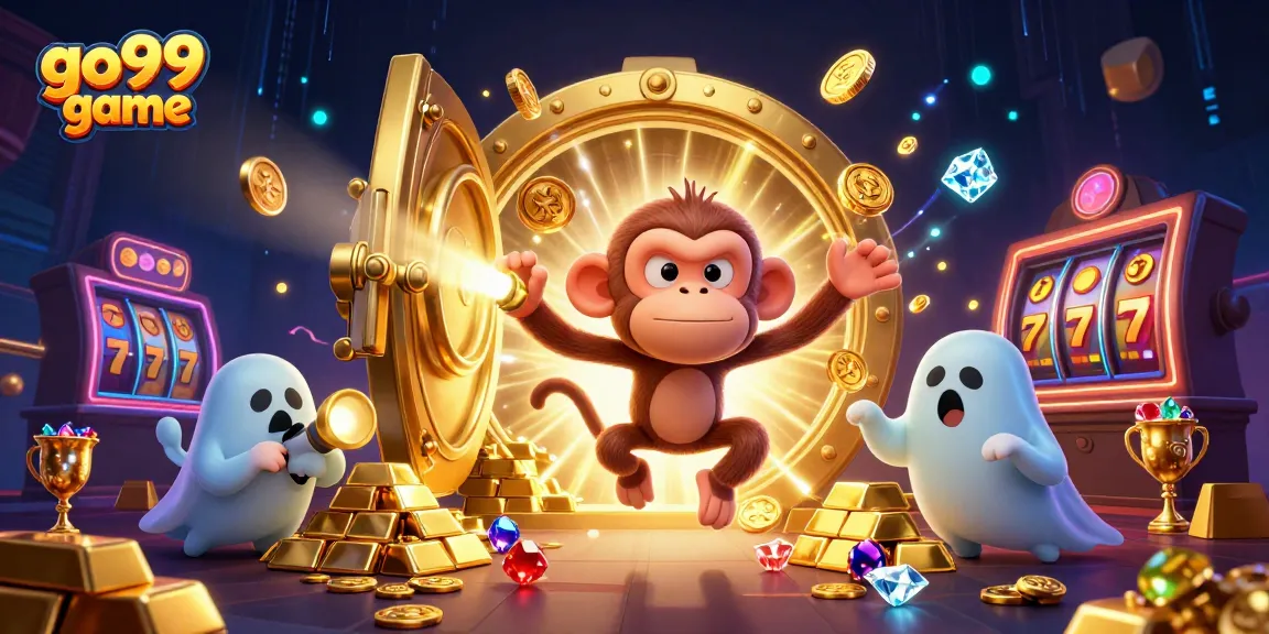 Experience the go99 game excitement with a vibrant haunted casino scene featuring a mischievous monkey juggling golden objects and a curious puppy.