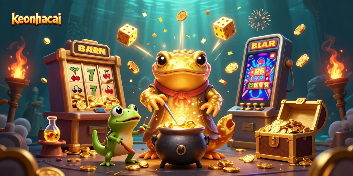 Experience keonhacai with a vibrant scene of a golden salamander and a frog chef in a casino setting.