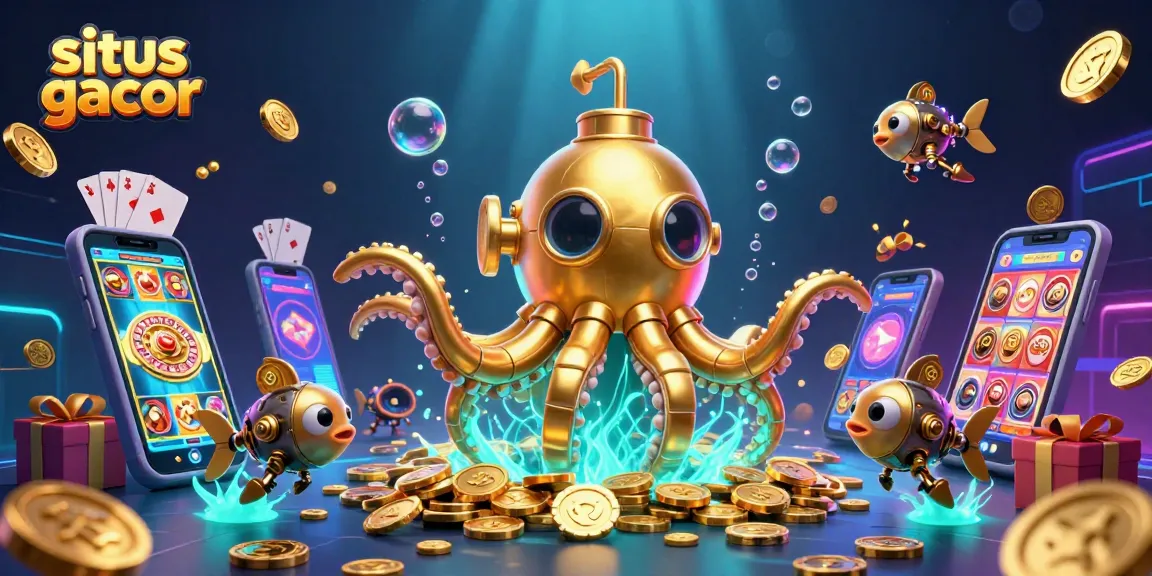 Spin the reels in situs gacor, featuring a dynamic fantasy scene of a golden kraken bursting with treasures.