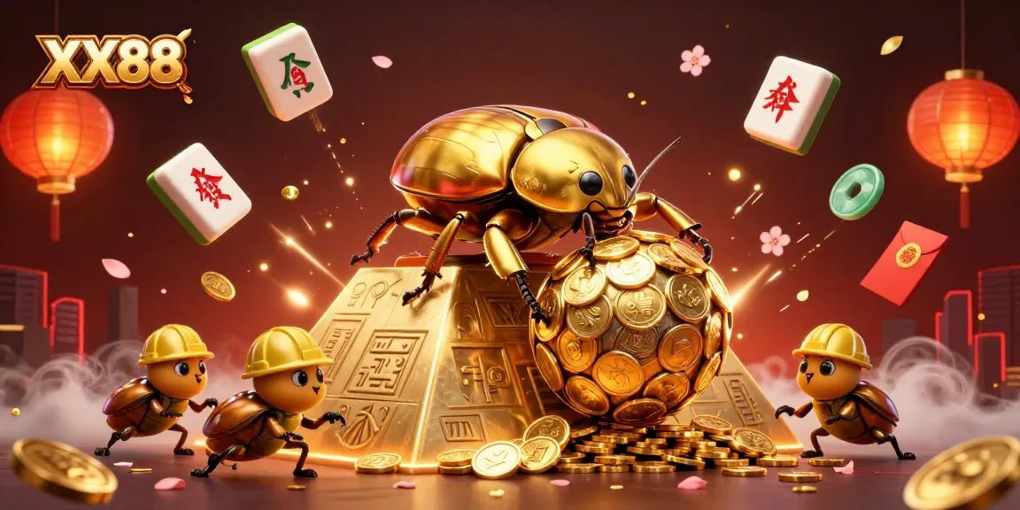 Engage in thrilling gameplay at XX88 with a vivid scene of a golden dung beetle rolling coins in a dynamic casino setting.