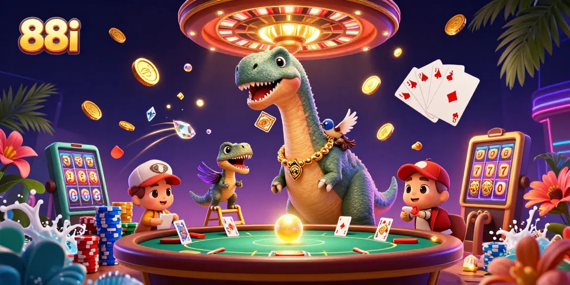 Experience thrilling gaming action with 88i as a brontosaurus overlooks a vibrant casino scene.