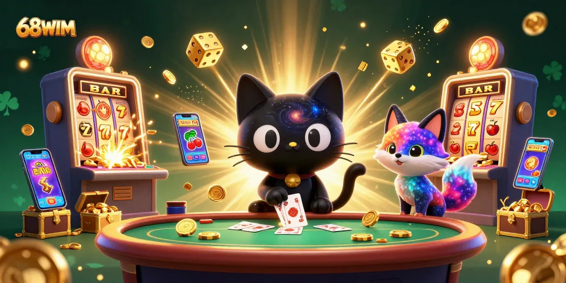 Immerse in 68WIM's vibrant cosmic casino scene, where a charming black hole cat pulls in golden chips amid jackpot explosions.