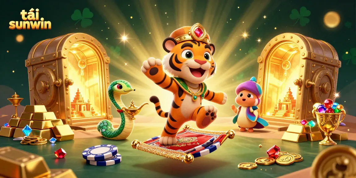 Spin to win with tải sunwin amid a dazzling scene with gold treasures and gambling elements.