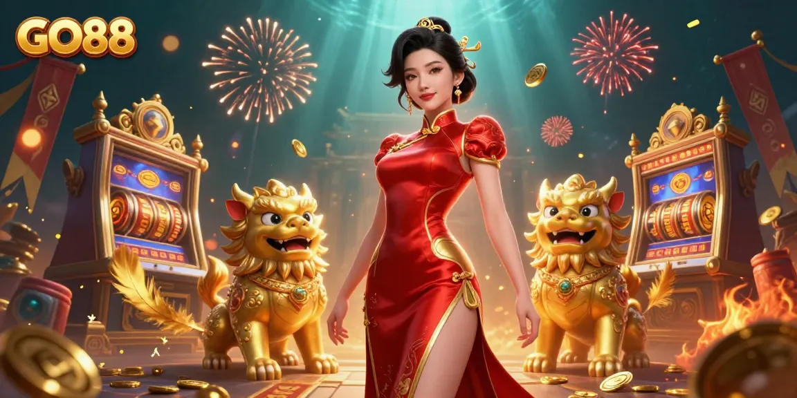 Experience thrilling gaming action at GO88, featuring unique slot reels and vibrant Asian elements.