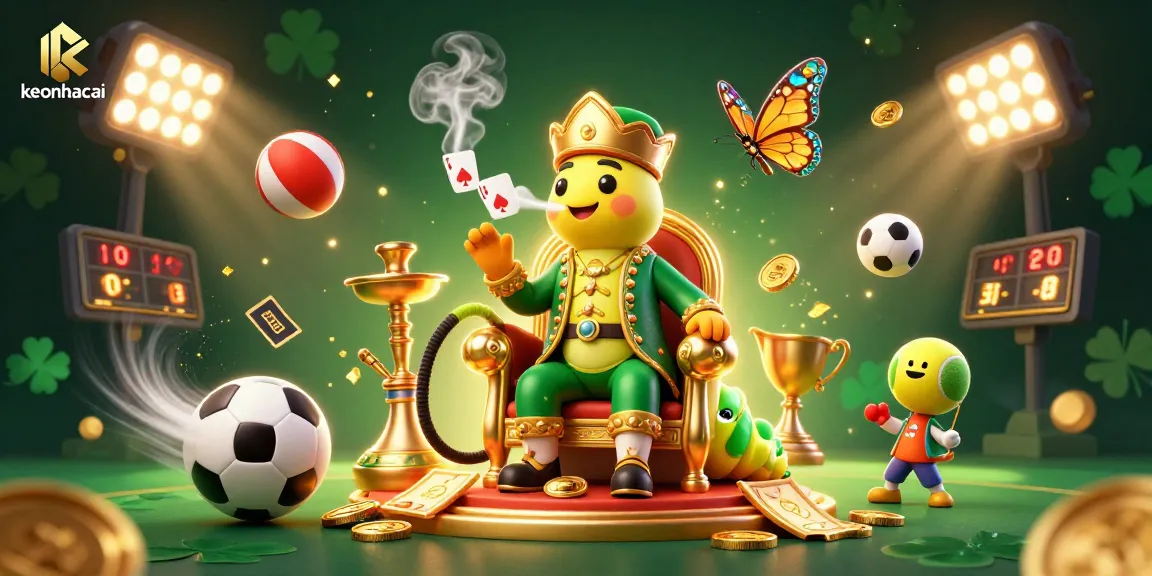Experience sports betting excitement with keonhacai's dynamic illustration of a smoking caterpillar and sports elements.
