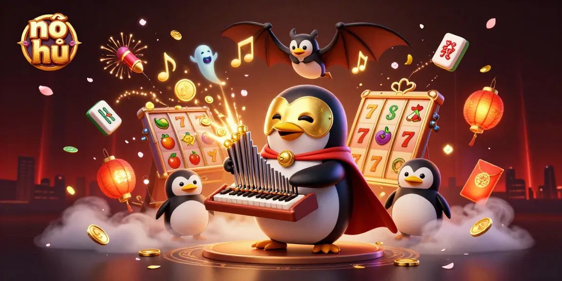 Play nổ hũ and spin for jackpot rewards with a lively 3D casino illustration.