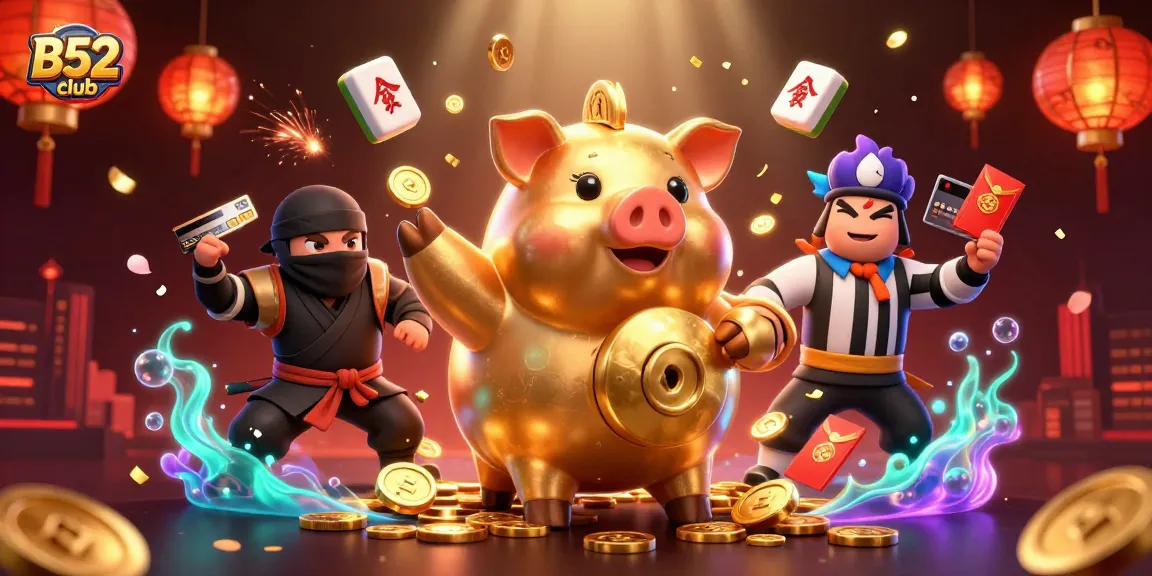 B52club showcases a dynamic gaming scene with a golden piggy bank sumo wrestler amidst colorful casino elements.