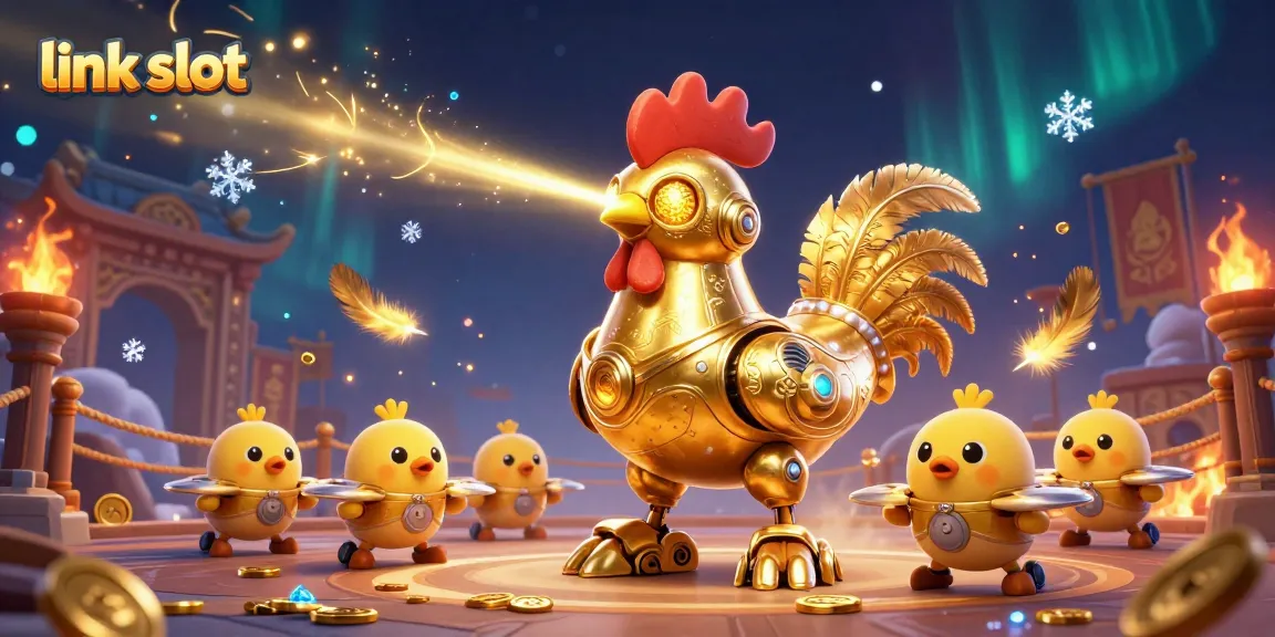 Engage with link slot as the golden rooster robot and chick drones dominate the casino landscape.