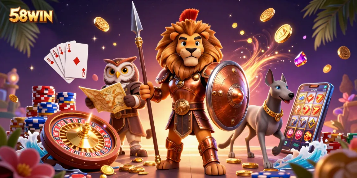 Experience thrilling gameplay at 58WIN with exciting casino elements and characters lighting up the scene.